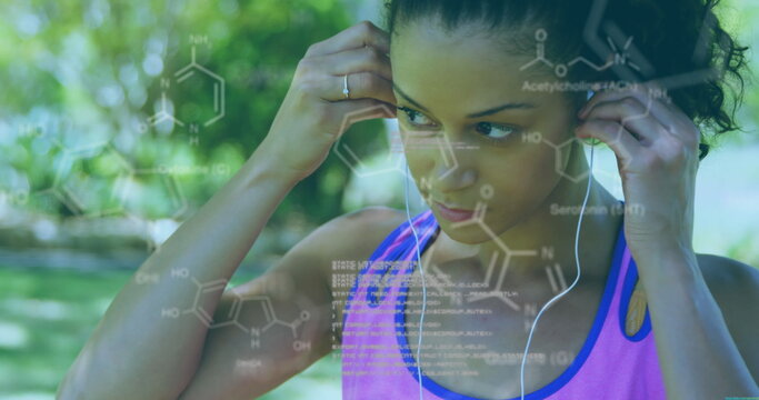 Image of statistics and data processing over businesswoman wearing phone headset