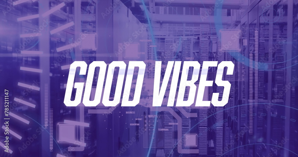 Poster image of good vibes text and data processing over server room