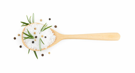 Salt with rosemary and peppercorns in spoon isolated on white, top view