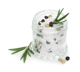 Salt with rosemary and peppercorns in jar isolated on white