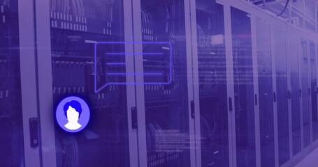 Image of social media message over violet server room