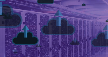 Image of clouds with uploading over violet server room