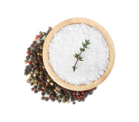 Salt with fresh thyme in wooden bowl and peppercorns isolated on white, top view