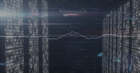 Image of data processing, light and financial graph on black background