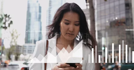 Foto op Plexiglas Aziatische plekken Image of data processing over asian businesswoman using smartphone