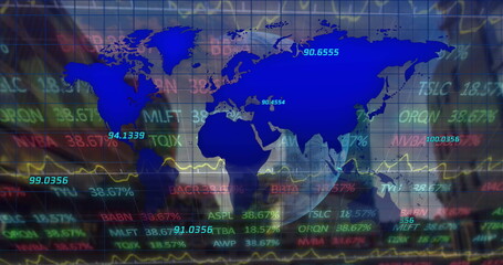 Image of lines on map over numbers and trading board against low angle view of buildings