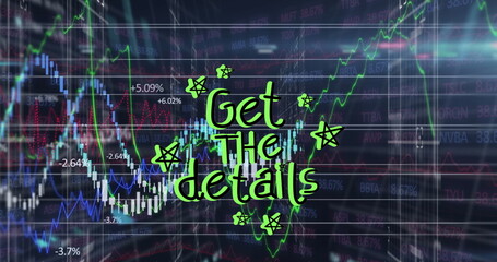 Image of get the details text and stars with graphs, lens flare against abstract background