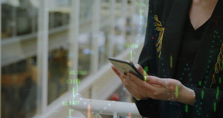 Image of data processing over caucasian businesswoman in office