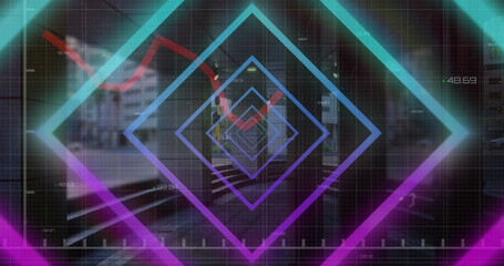 Image of neon squares and financial data over timelapse with city life