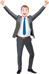 Line drawing and colored illustration of a cheerful businessman with raised arms celebrating a success