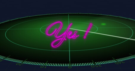 Image of neon purple yes text banner over green round scanner against blue background