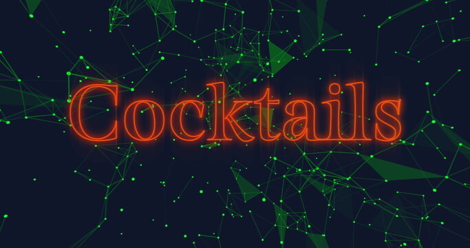 Naklejki Image of neon orange cocktail text banner over green plexus network against black background