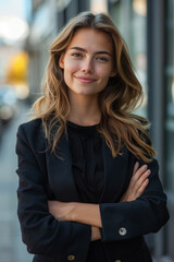 A young, happy, and confident female entrepreneur stands outdoors on a street, crossing her arms and looking at the camera.