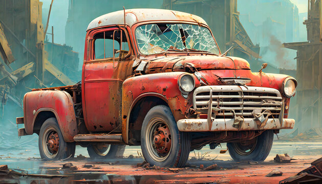 Rusty old red pickup truck with broken windshield