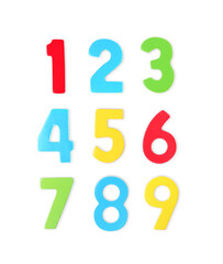 Colorful numbers on white background, top view