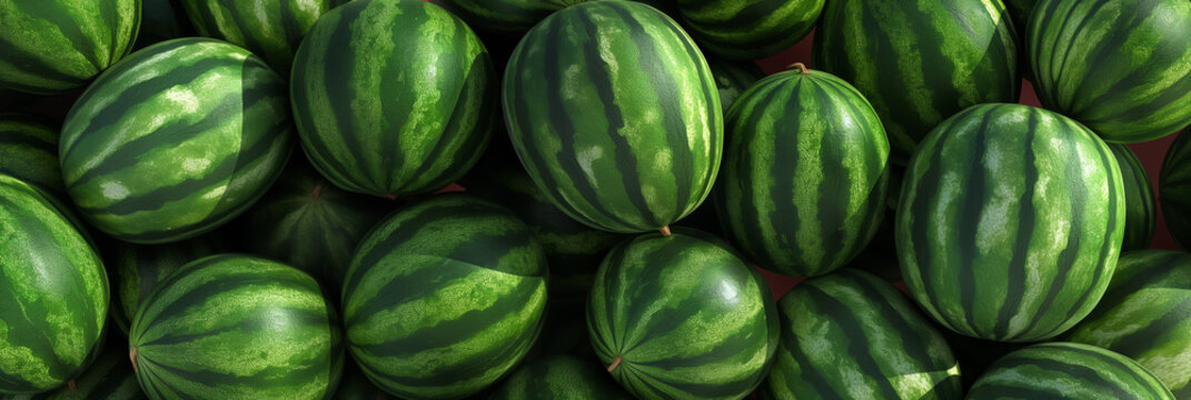 A rich, visually pleasing image of stacked watermelons, highlighting their vibrant green striped pattern