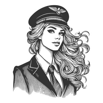 recommend clip art: vintage female pilot with a cap, showcasing confident beauty and flowing hair sketch engraving generative ai fictional character raster illustration. Scratch board imitation. Black and white image.