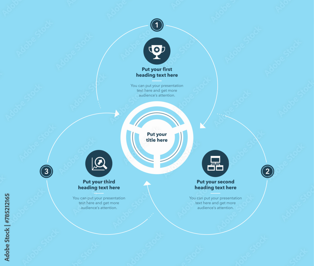 Poster Circular process template with three stages - blue version. Flat infographic design with thin lines for website or data presentation.