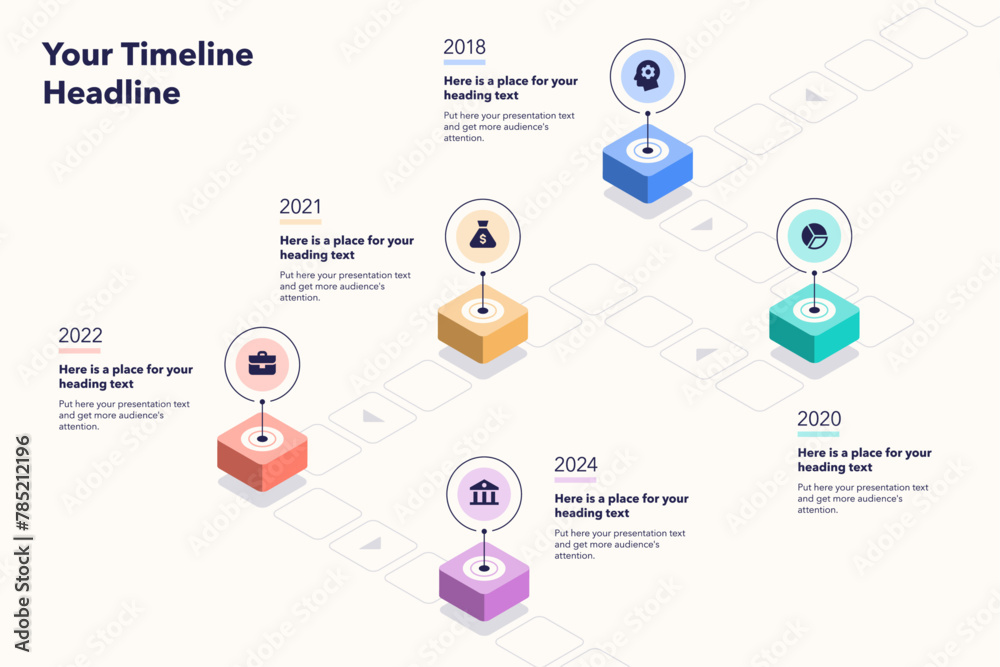 Poster Timeline infographic template with five stages. Simple flat diagram for data visualization.