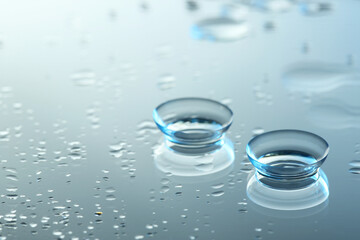 Pair of contact lenses on wet mirror surface. Space for text