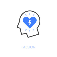 Simple visualised passion icon symbol with a human head and a heart inside.