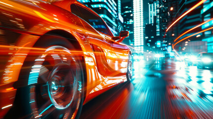 Rear view of Futuristic Car with high fast and speed through neon mega cyber city background, High acceleration car on tack with glowing light trails, night scene neon. - obrazy, fototapety, plakaty