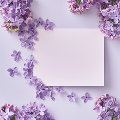 A beautiful arrangement of lilac flowers on a lilac background with a blank card in the center.