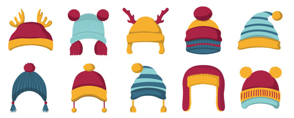 Ski skate winter cap collection, colorful knitted hats flat design vector illustration, autumn headwear set isolated on white background - obrazy, fototapety, plakaty