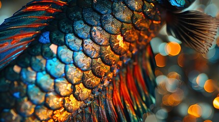 Shimmering fish scales, abstract close-up, bird's-eye view, forest stream backdrop, sunny sparkle