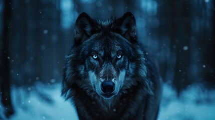 Ethereal wolf shadow, snowy forest background, close-up, eye-level view, twilight blue light 