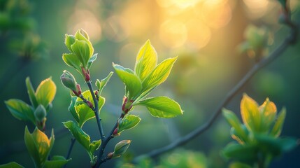 Fresh buds on trees, vibrant forest, close-up, low angle, soft morning light of spring renewal  - obrazy, fototapety, plakaty