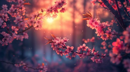 Cherry blossoms, foreground with deep forest, close-up, eye-level, warm, soft spring sunset  - obrazy, fototapety, plakaty