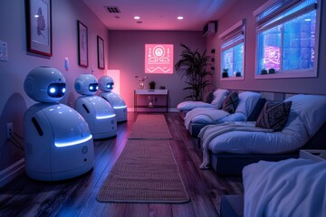 Futuristic therapy room featuring robots and calming neon lights