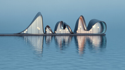 Modern fluid architecture building with wavy design on tranquil sea at dusk. 3D render of a contemporary structure with reflection on water. Minimalist architectural design concept.