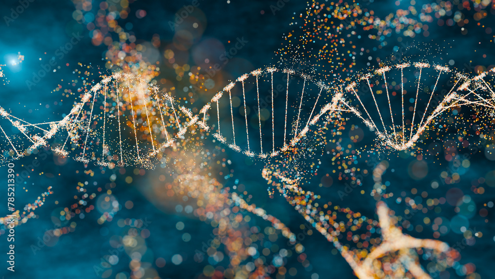 Wall mural 3d illustration of a dna molecule with sparkling effects symbolizing complexity and genetic diversit