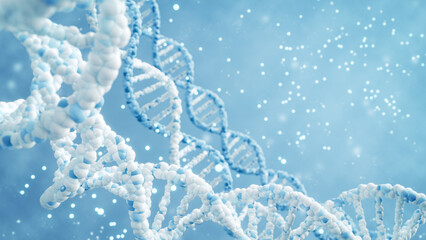 3D rendering of DNA strands with sparkling particles. Concept of genomic science and genetic...