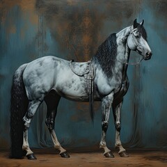 Gray and black horse in front of blue wall, a beautiful painting