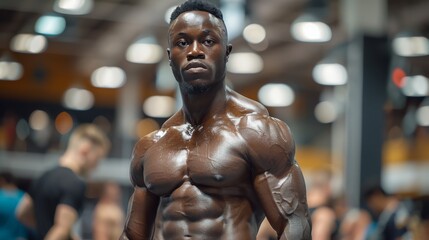 Fototapeta na wymiar Muscular Man Working Out in Gym