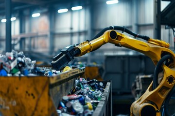 Robotic arm in industrial setting sorting recyclable materials at waste management facility