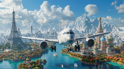 Airplane Soaring Over Iconic Global Landmarks in a Dreamlike World