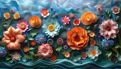 Paper quilling of flowers, colorful, textured paper, in the background is an abstract landscape. Created with Ai