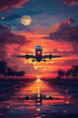 A vintage-style poster featuring a plane taking off from an airport during a sunset, evoking feelings of wanderlust and adventure. - obrazy, fototapety, plakaty