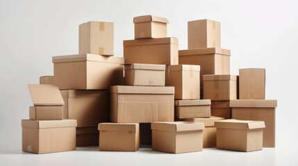 Fototapeta premium Various cardboard boxes for shipping, isolated on white background, in mockup format.