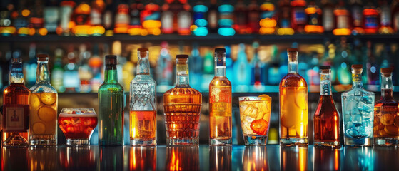Vibrant array of cocktails and spirits on a bar counter, with a blurred backdrop of shelves filled with bottles.