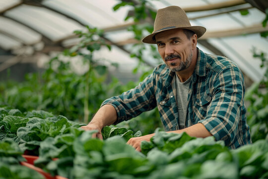 A man farmer working in a greenhouse. Technology agriculture farming. Modern farming vegetable.