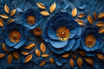 3D paper art background, large blue and orange flowers with leaves on the wall. Created with Ai
