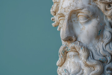 Ancient old Greek God statue on blue background 
