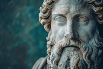 Ancient old Greek God statue on blue background 
