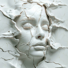 A broken head sculpture of classical style. Cracking marble female sculpture. Concept of depression