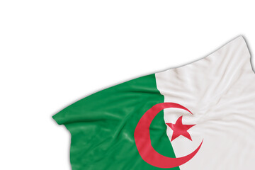 Realistic flag of Algeria with folds, on transparent background. Footer, corner design element. Perfect for patriotic themes or national event promotions. Empty, copy space. 3D render
